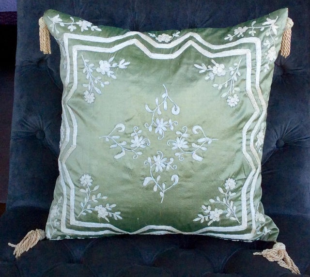 Green Silk Embroidered Accent Pillow Chairish